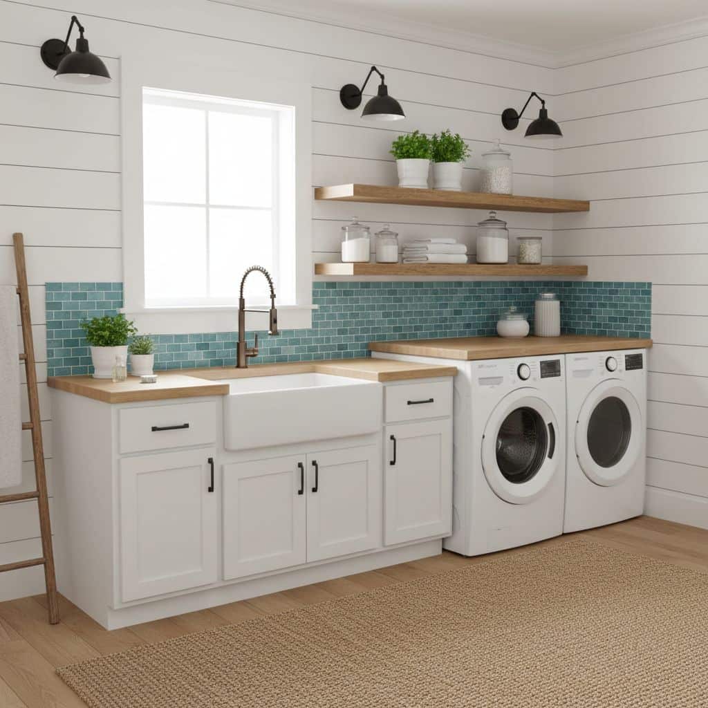 Bright, clean space with white walls, black wall-mounted lights, and a window.