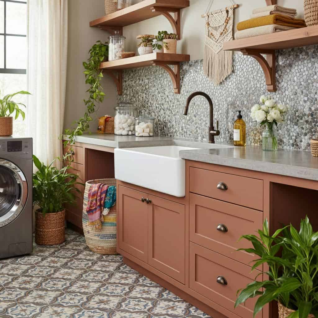 Bright, textured mosaic tiles in shades of gray and white.