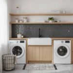 Hexagon gray tile backsplash with smooth texture in laundry room.