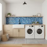 Bright blue mosaic tile backsplash with textured surface behind laundry area.