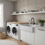 White textured ceramic tile with a subtle pattern, used on the laundry room wall for a clean and modern look.