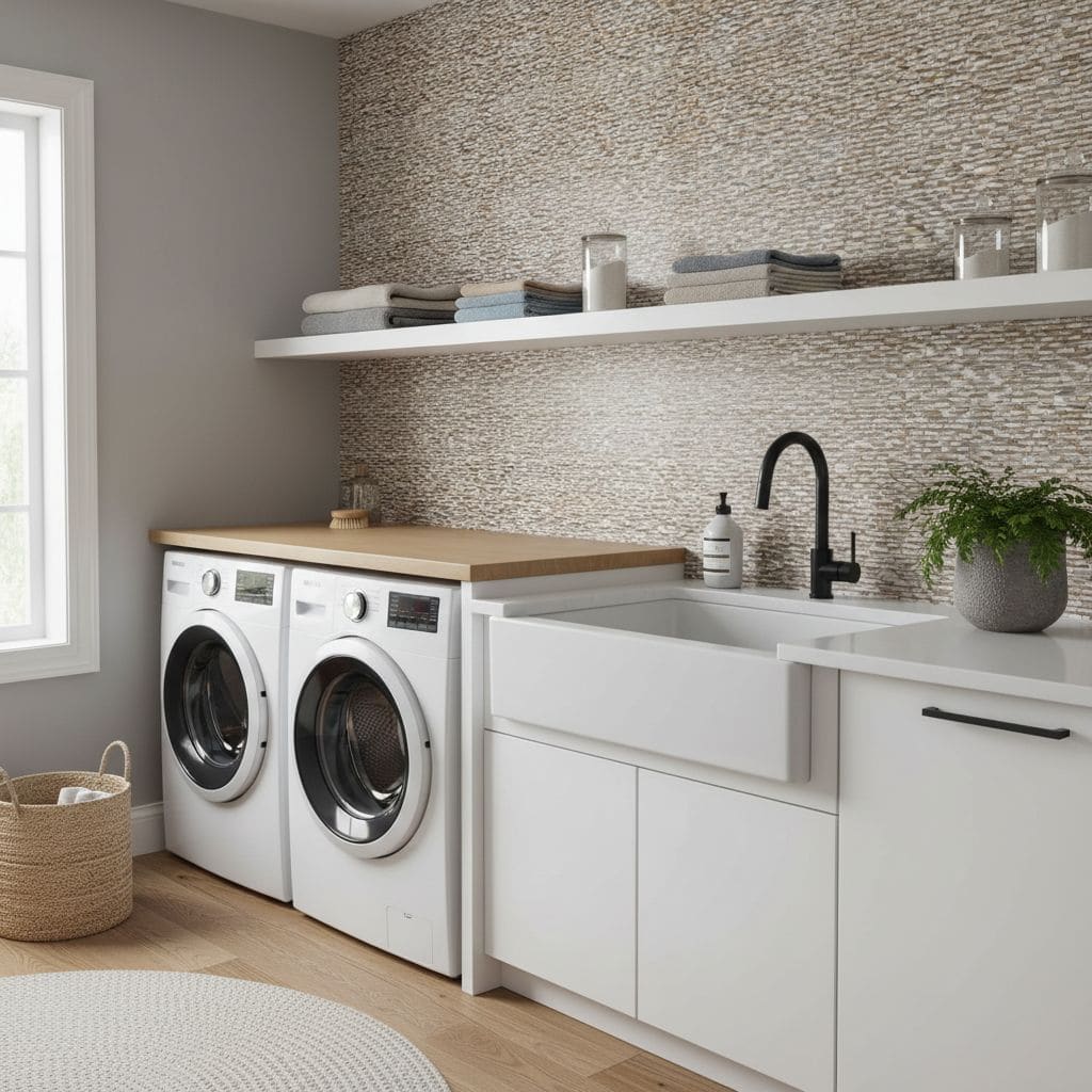 White textured ceramic tile with a subtle pattern, used on the laundry room wall for a clean and modern look.