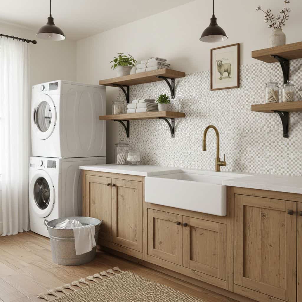 Bright laundry room with wooden cabinets, open shelves, and a white farmhouse sink. Neutral tones and natural materials creat.