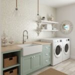 Bright white mosaic tile wall with textured surface in laundry room.
