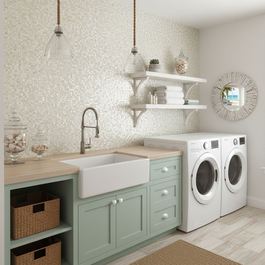 Bright white mosaic tile wall with textured surface in laundry room.