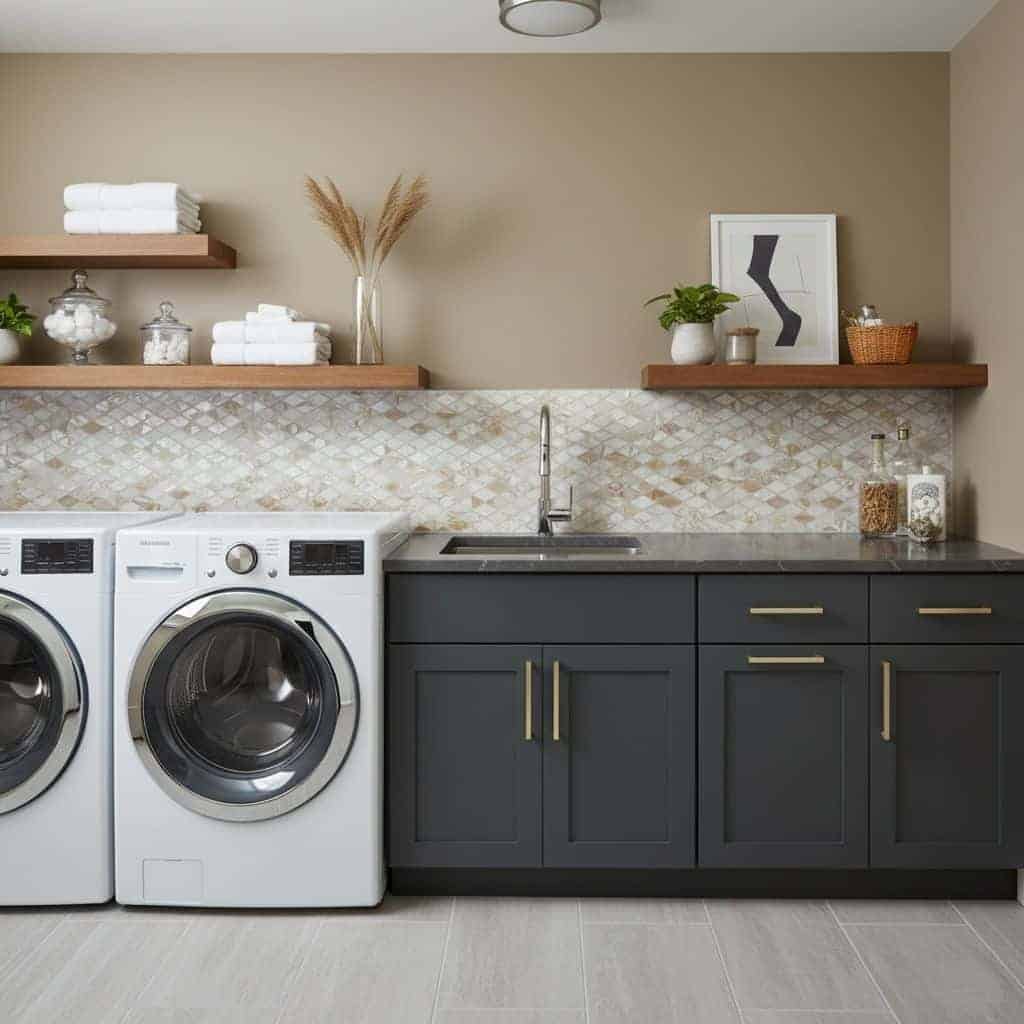 Beige and cream textured tile wall behind laundry appliances and sink.