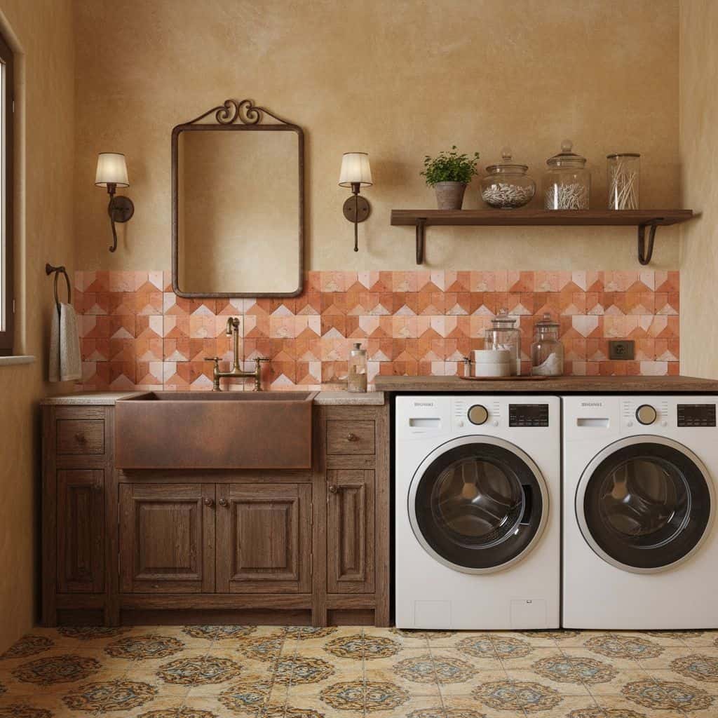 Bright pink and beige geometric patterned tile backsplash in laundry room.