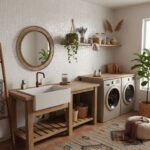 Bright laundry room with wooden accents, white sink, and green plants. Cozy, natural decor with textured tiles and woven bask.