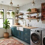 Bright blue kitchen cabinets with white farmhouse sink and wooden countertop, accented by hexagonal tile backsplash and lush.