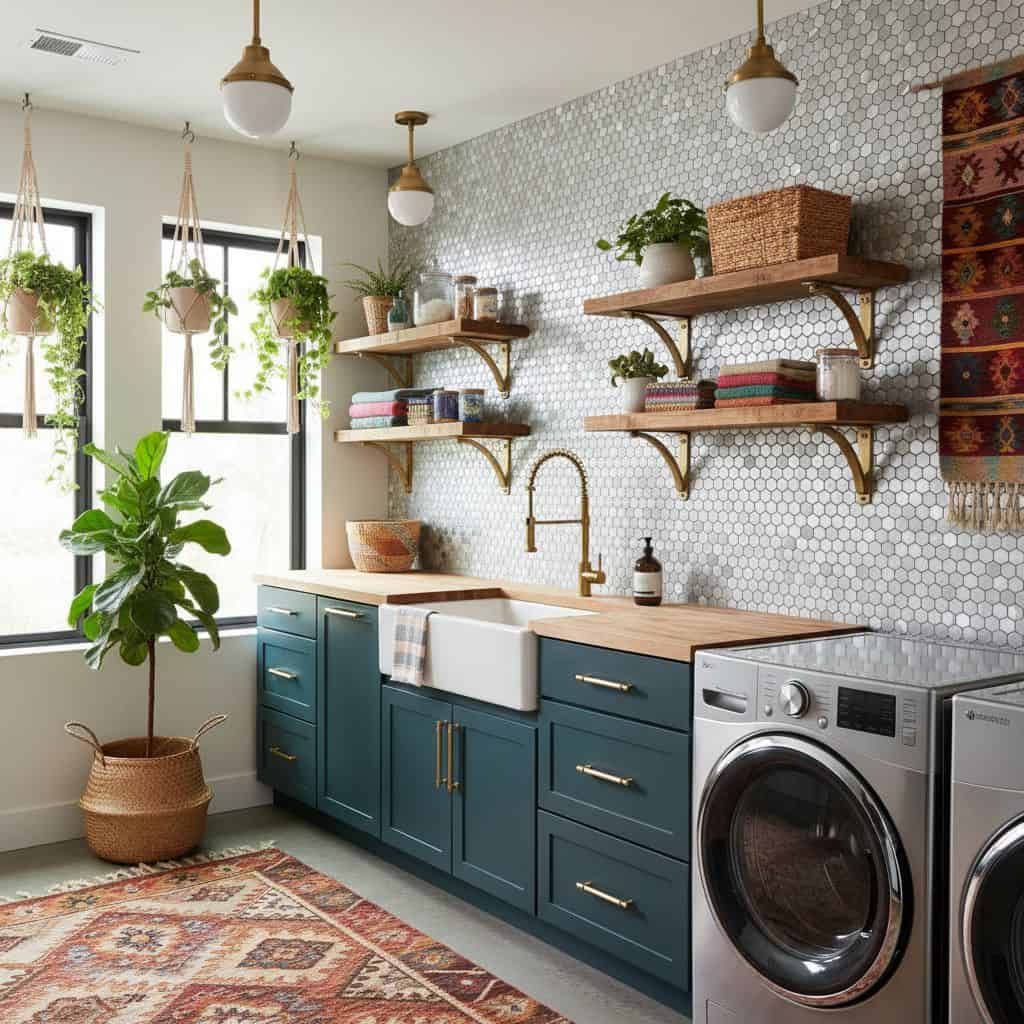 Bright blue kitchen cabinets with white farmhouse sink and wooden countertop, accented by hexagonal tile backsplash and lush.