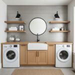 Light gray brick-patterned wall tile with a matte finish, complementing the wooden cabinetry and modern fixtures.