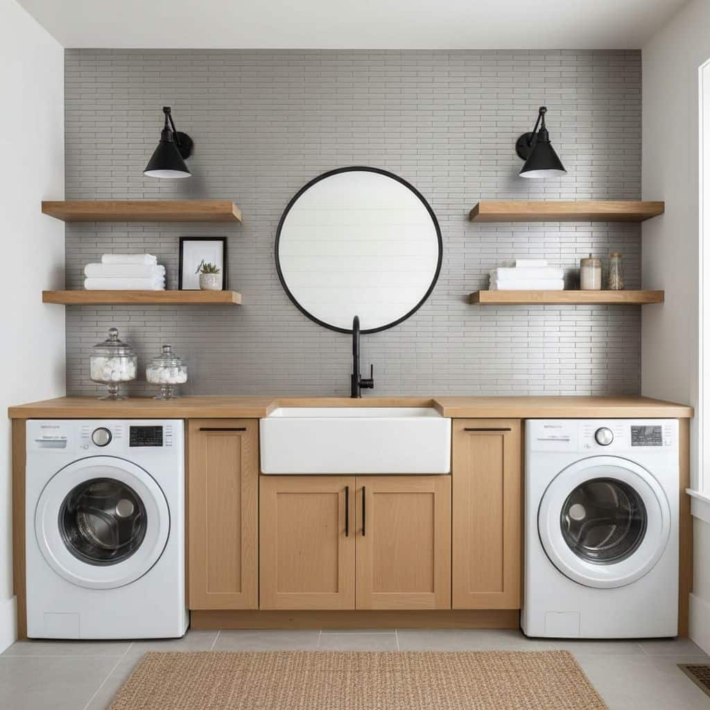 Light gray brick-patterned wall tile with a matte finish, complementing the wooden cabinetry and modern fixtures.