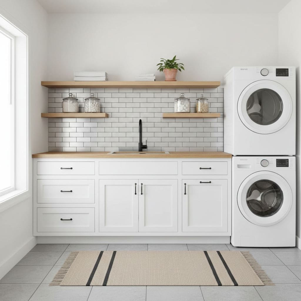 Bright white tile backsplash and cabinetry with black hardware, wood shelves, and a laundry stack. Modern, minimalistic desig.