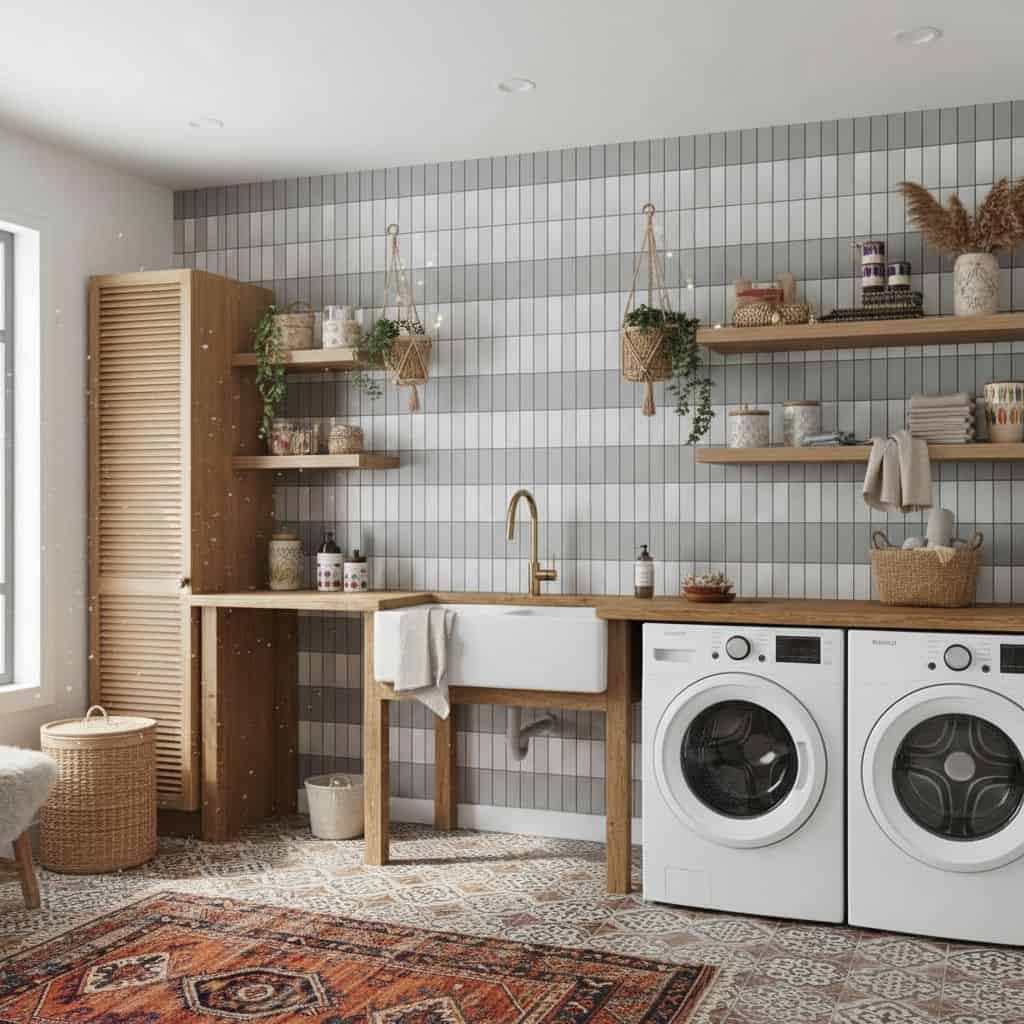 Bright laundry space with white and gray tiled walls, wooden shelves, and a farmhouse sink.