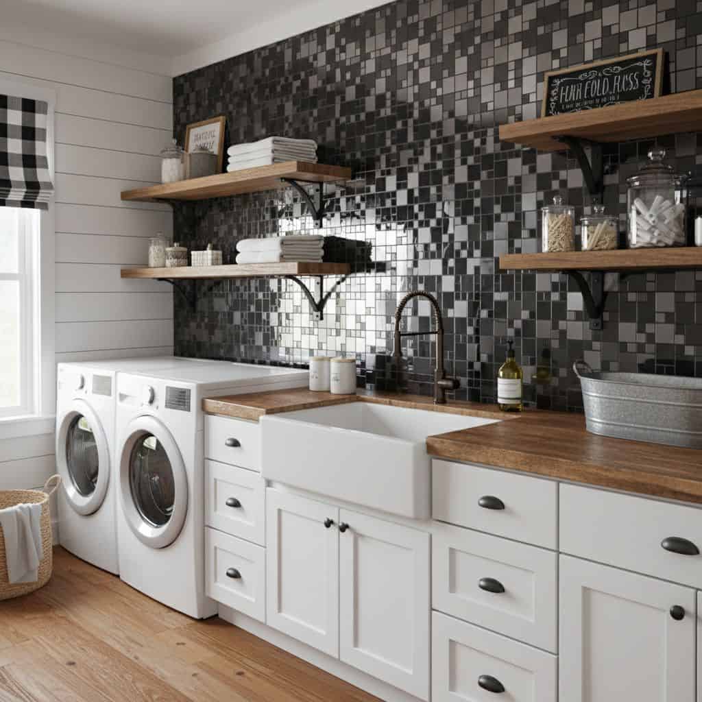 Gray mosaic tile backsplash in kitchen.