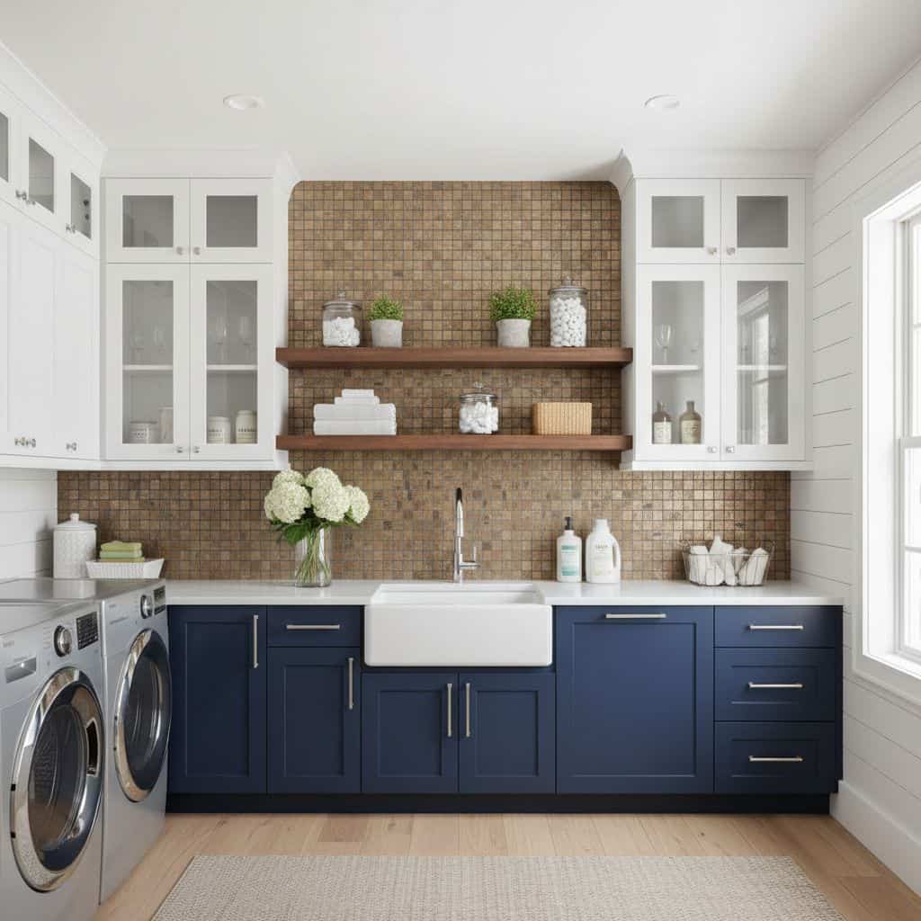 Beige mosaic tile backsplash with textured surface in a modern kitchen setting.