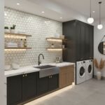 Black and beige patterned tile with a textured surface in the laundry room.