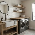 Laundry room with beige tile backsplash, wooden shelves, and a farmhouse-style sink. Modern washer and dryer with natural lig.