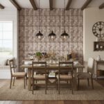 Textured beige wall tiles with a soft, fabric-like appearance behind the dining table.