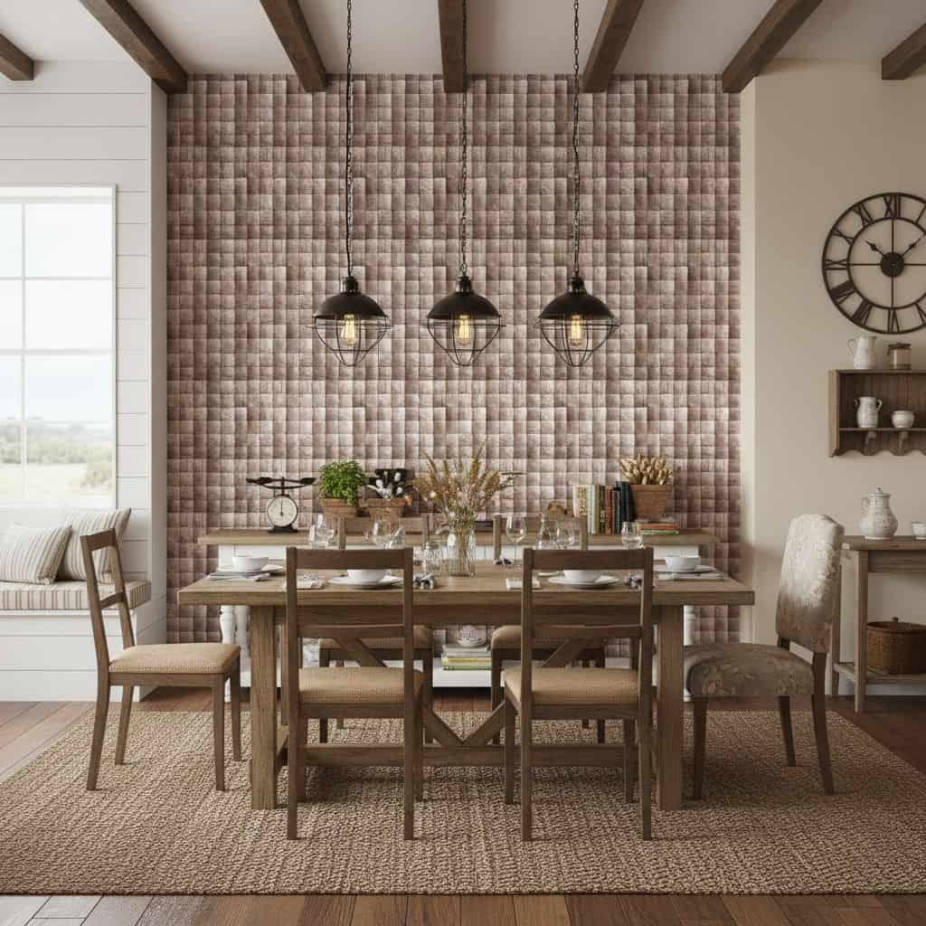 Textured beige wall tiles with a soft, fabric-like appearance behind the dining table.