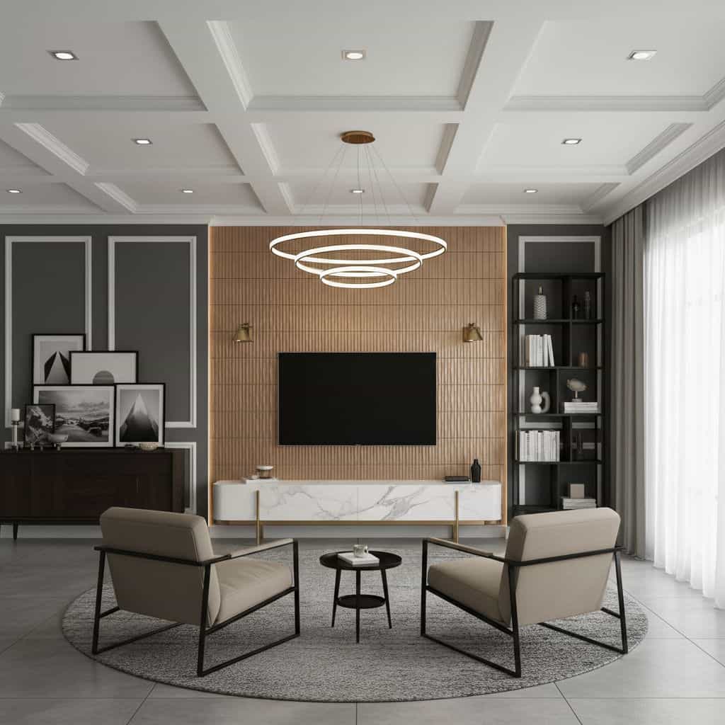 Contemporary living room with beige and black textured tiles, modern furniture, and stylish decor.