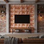Warm terracotta geometric tile wall with textured surface in a modern living room setting.