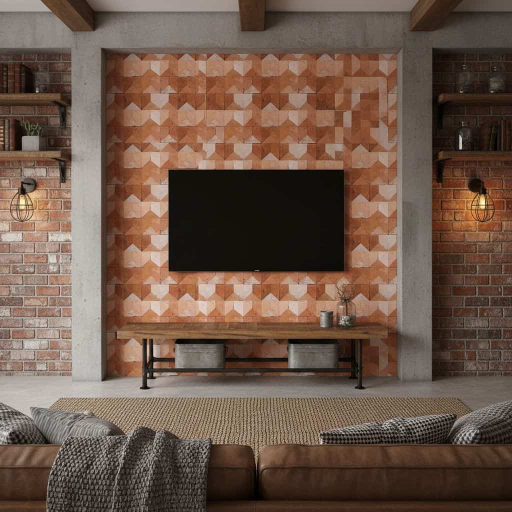 Warm terracotta geometric tile wall with textured surface in a modern living room setting.
