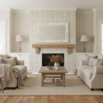 Bright, neutral-toned living room with a modern fireplace, wooden mantel, and soft furnishings. Elegant and inviting space fo.