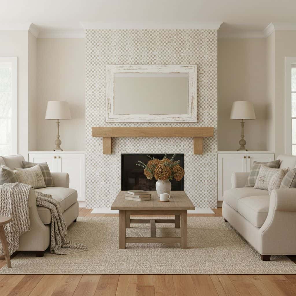 Bright, neutral-toned living room with a modern fireplace, wooden mantel, and soft furnishings. Elegant and inviting space fo.