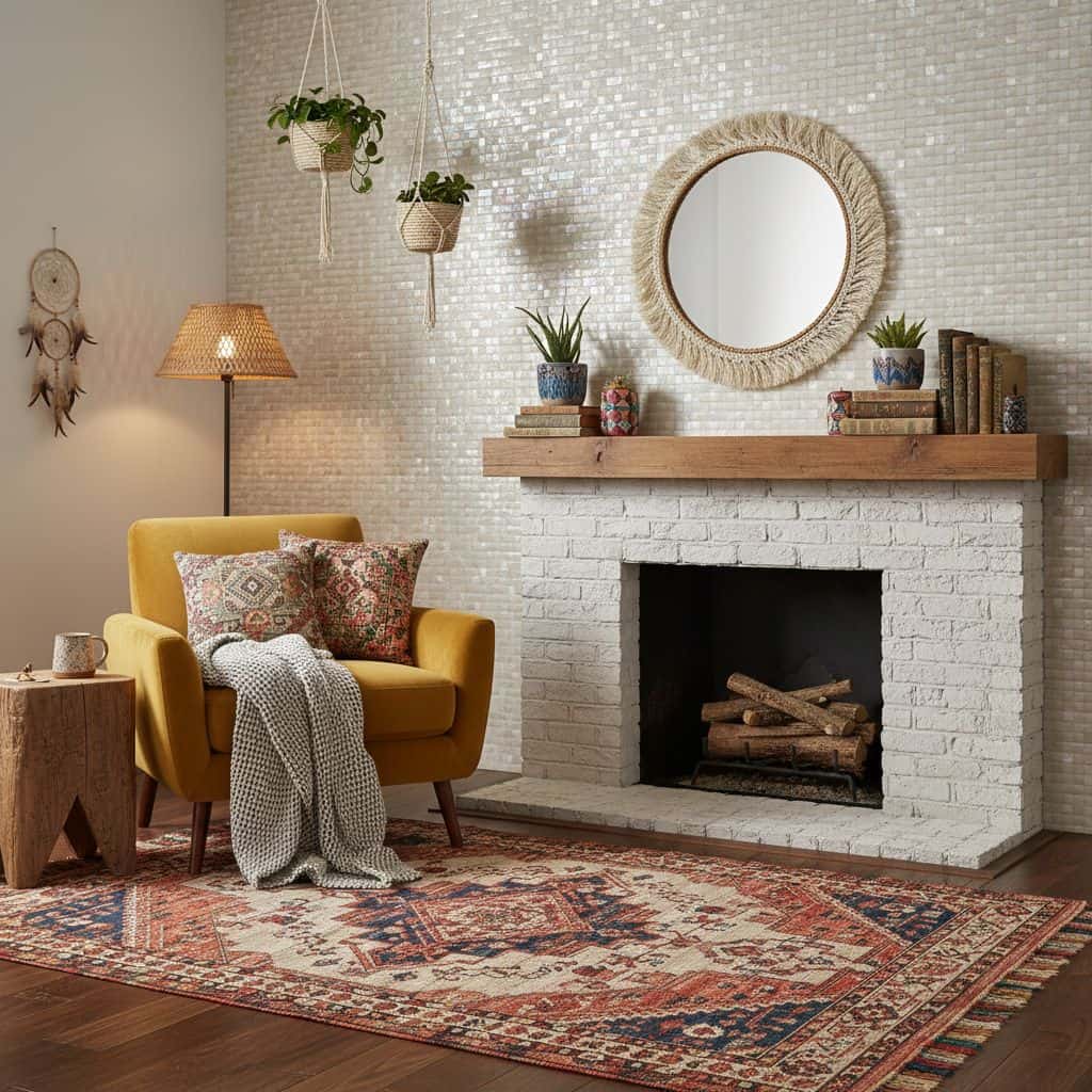 A warm living room featuring a white brick fireplace, a yellow armchair with patterned cushions, hanging plants, and a vintag.