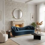 Elegant blue velvet sofa with plush cushions and sleek design.