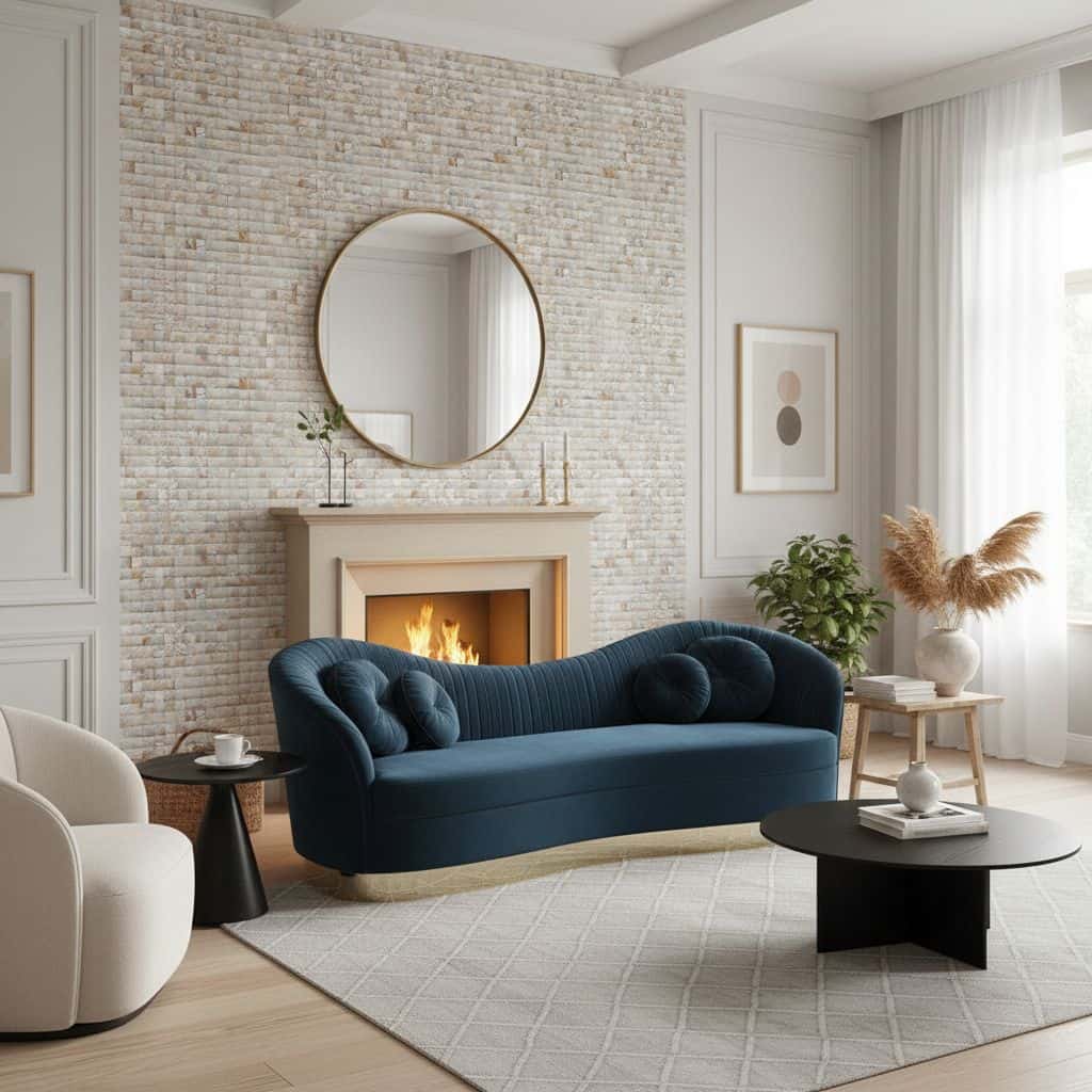 Elegant blue velvet sofa with plush cushions and sleek design.