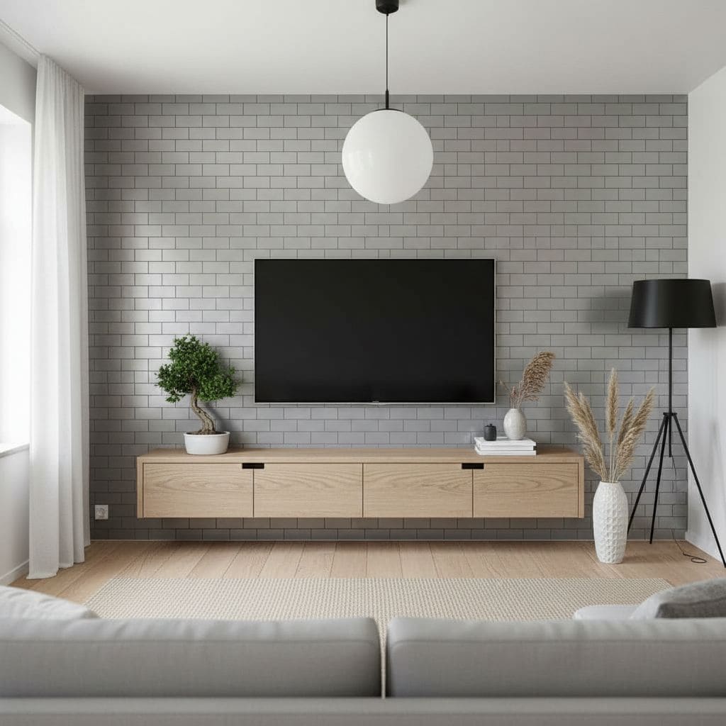 A sleek living room featuring a gray brick wall with a flat-screen TV, complemented by a light wood console, potted plant, an.