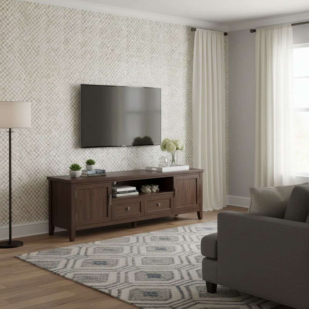 Beige textured wallpaper with subtle pattern, perfect for a cozy living room setting.