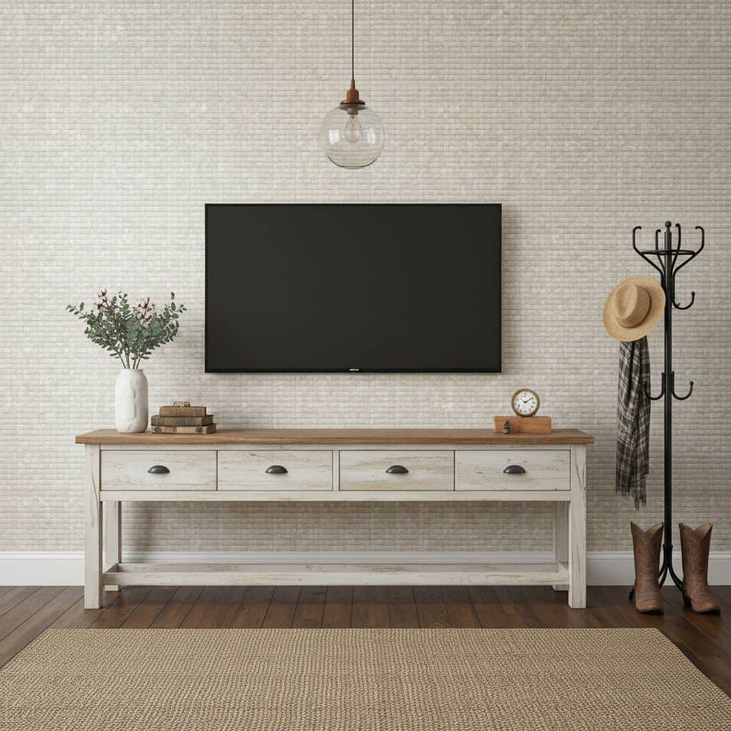 A whitewashed wooden console table with a textured beige tile wall behind it, decorated with a vase of greenery, a small cloc.