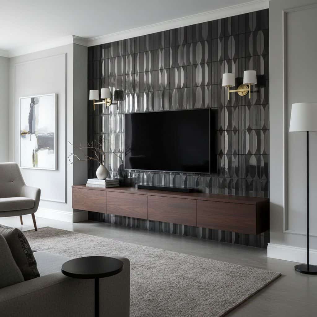 Black geometric patterned tile wall with a flat-screen TV, gold and white wall sconces, and a wooden media console in a conte.