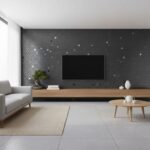 Gray hexagon tiles with a matte finish on the wall behind the TV.