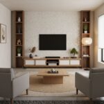 Neutral beige textured wall tile with subtle pattern, enhancing the contemporary living room aesthetic.