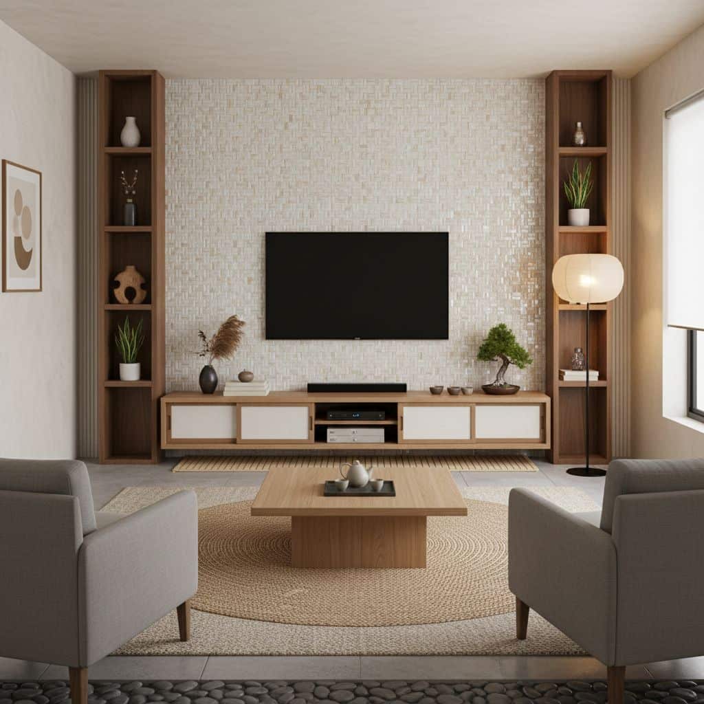 Neutral beige textured wall tile with subtle pattern, enhancing the contemporary living room aesthetic.