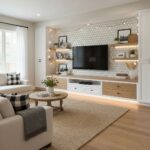 Describe tile color, texture, and: The image features a contemporary living room with a textured wallpaper, white and natural.