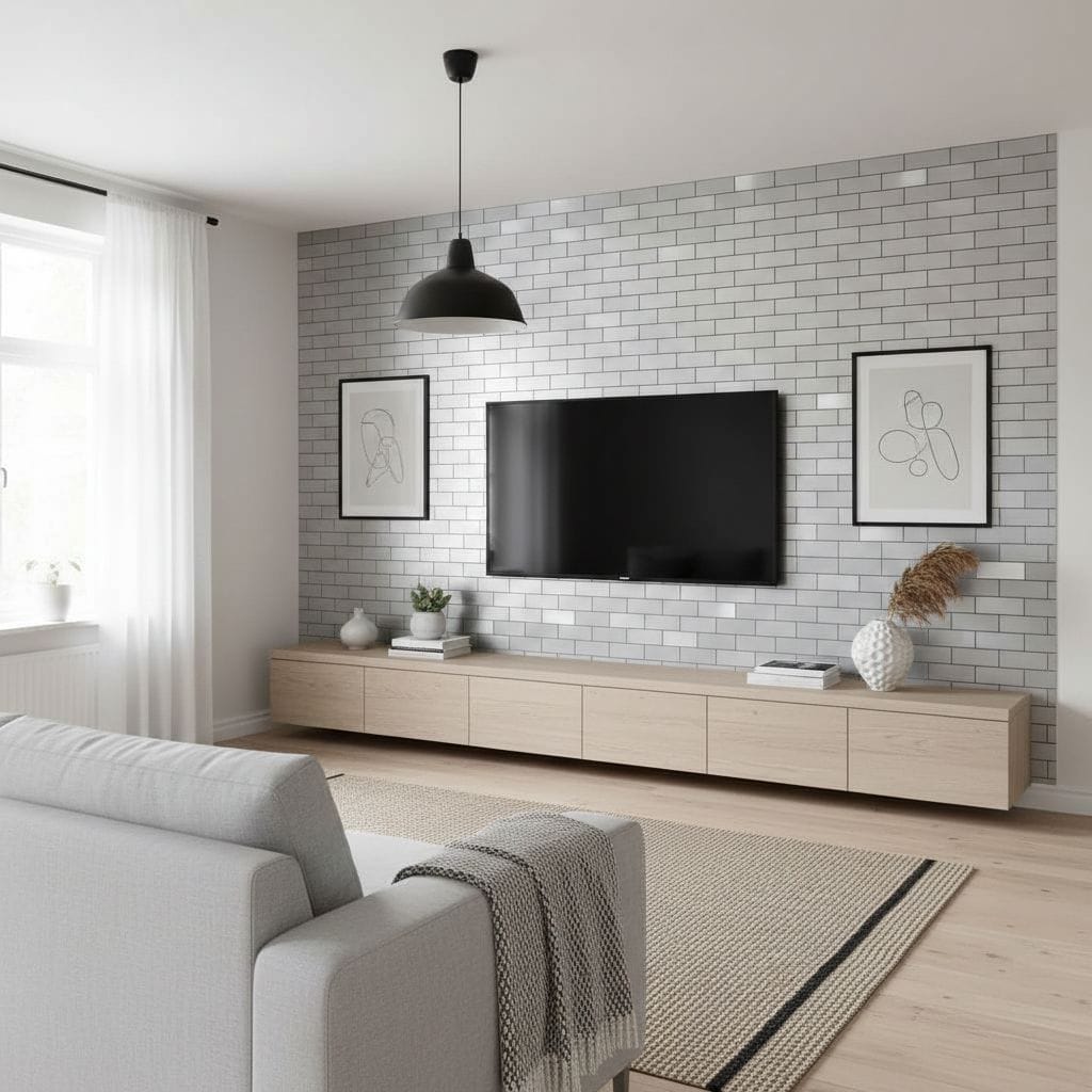 White brick wall with textured surface, modern design, in a contemporary living room setting.