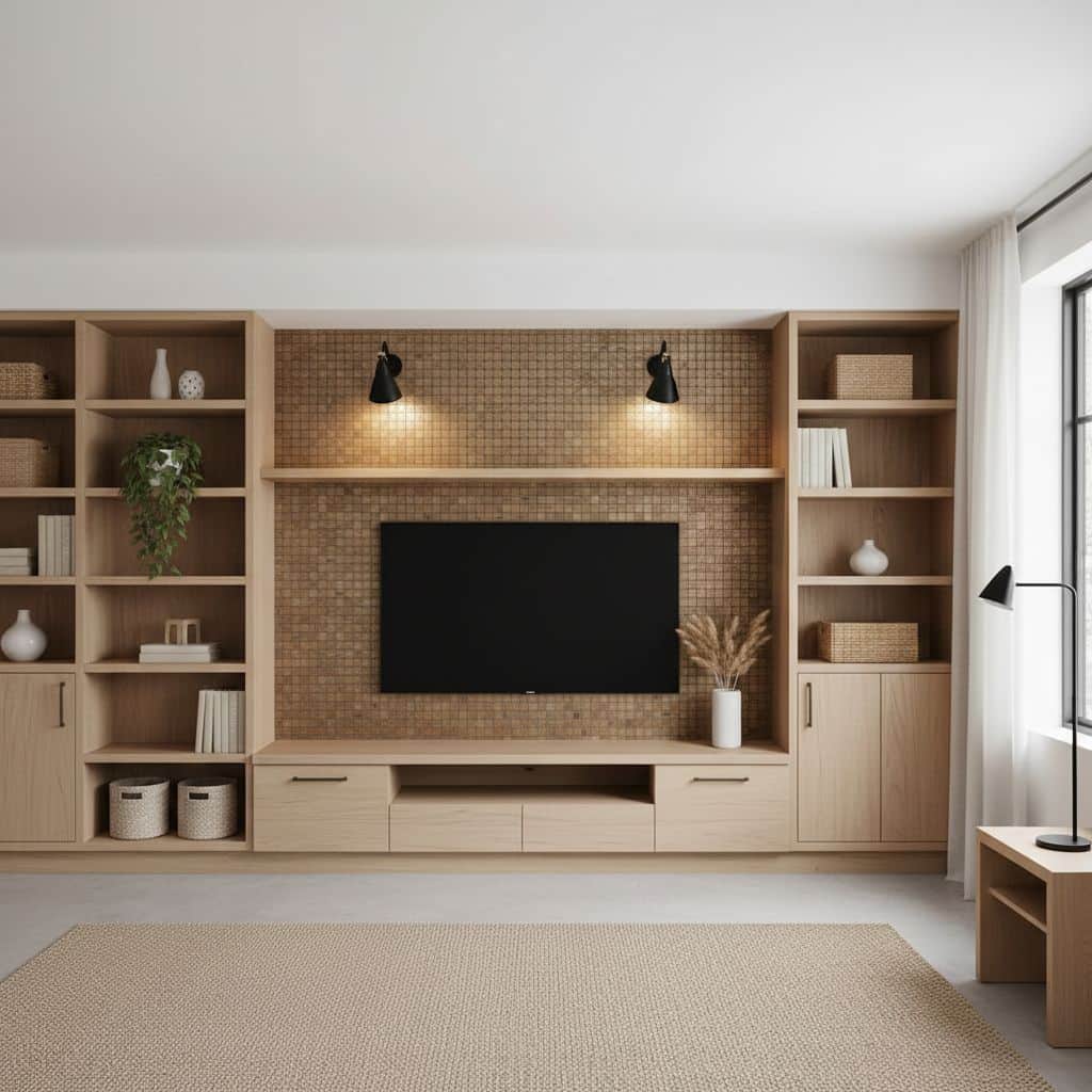 Wood and tile wall unit with beige mosaic tiles.