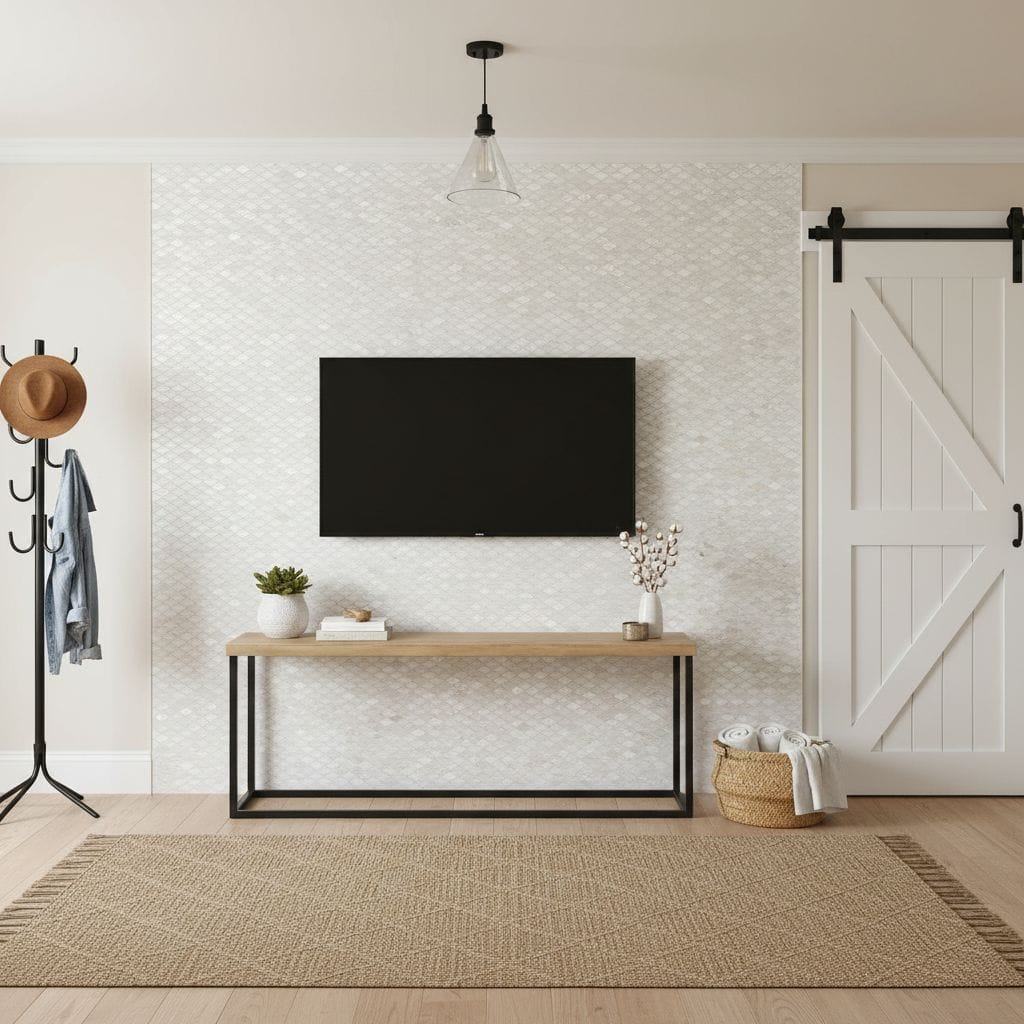 Modern white textured tile wall with a flat-screen TV.