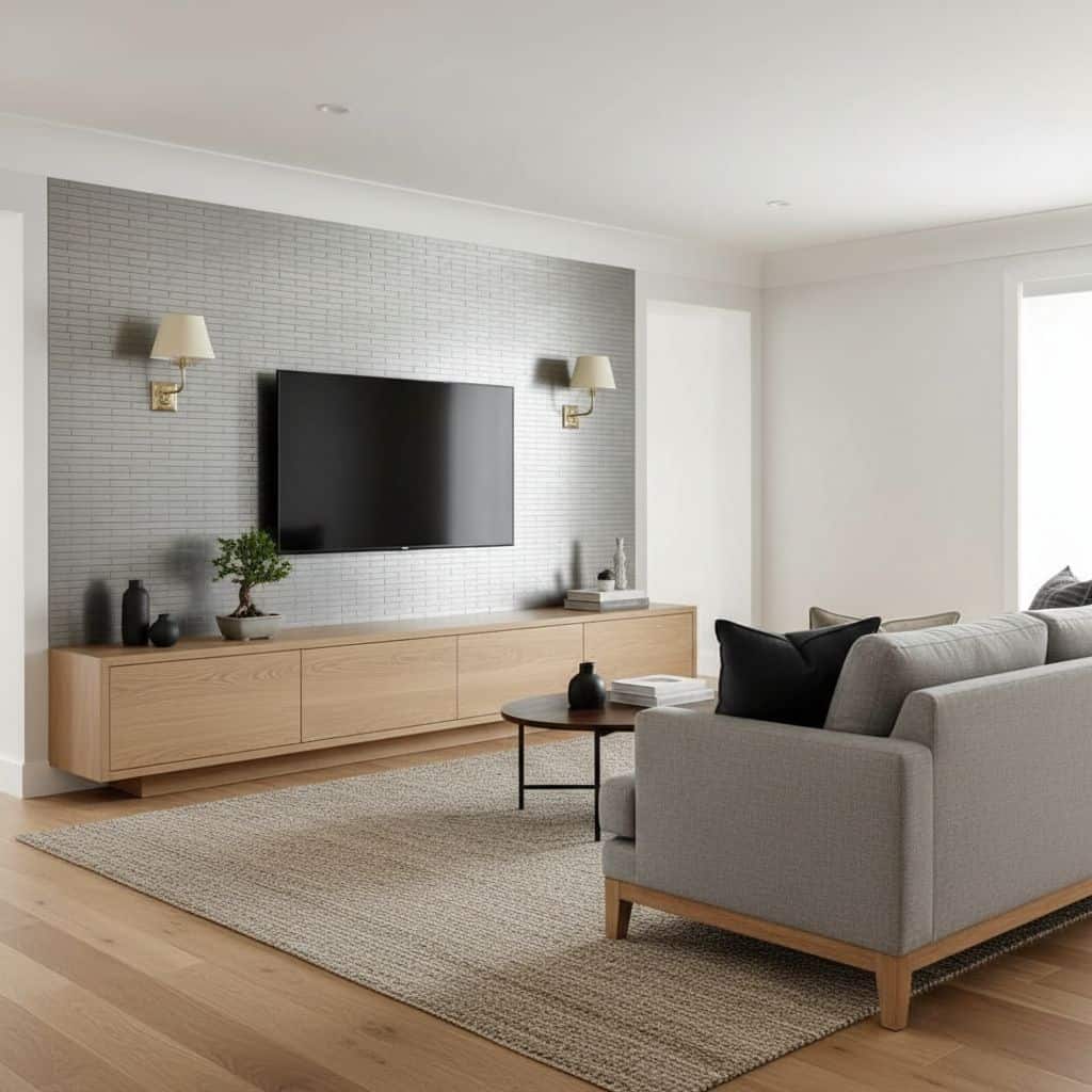 Gray textured wall tiles with a sleek black TV and minimalist decor.