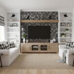 Black and gray mosaic tile wall, textured surface, contemporary design.