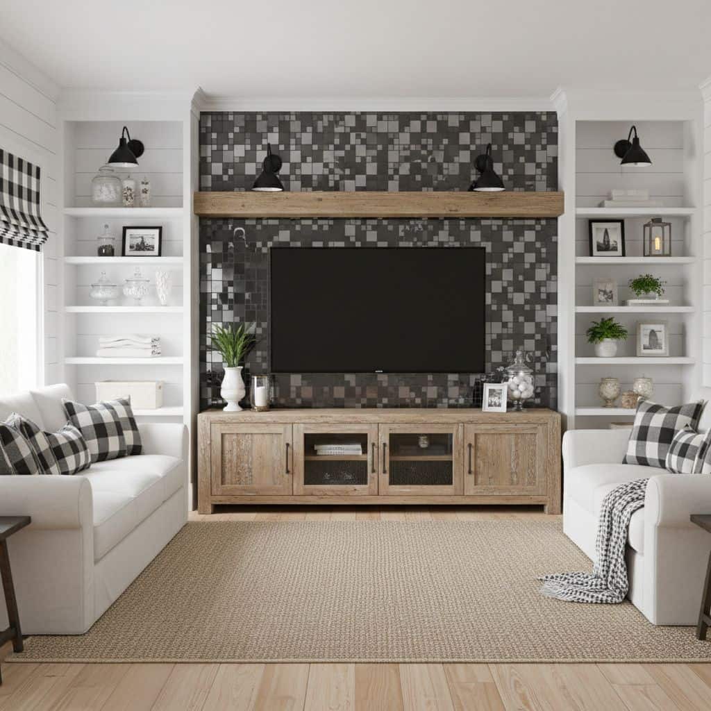 Black and gray mosaic tile wall, textured surface, contemporary design.