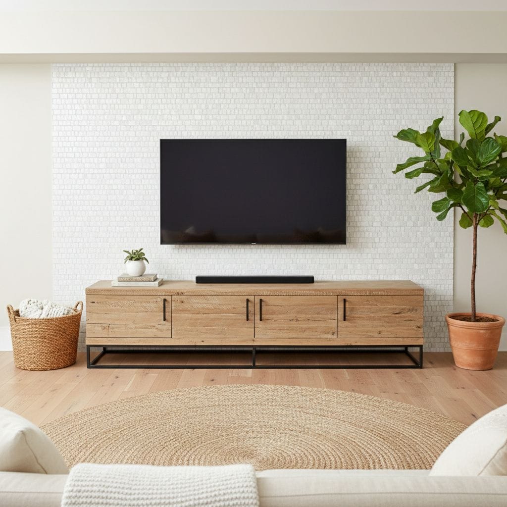 Bright white textured tile wall behind TV.