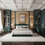 Elegant bedroom featuring a deep teal upholstered bed, gold-framed mirror, and matching blue cabinetry with glass doors.
