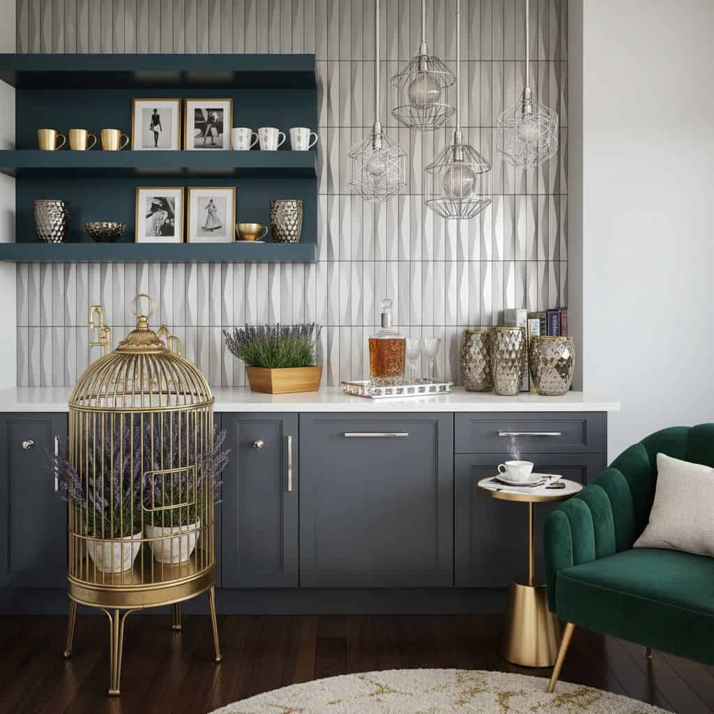 Bright white textured wall tiles with a subtle wave pattern, complemented by navy blue cabinetry and elegant decor accents.