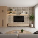 Beige mosaic tiles with textured surface, complemented by wooden shelves and potted plants in a contemporary living room.